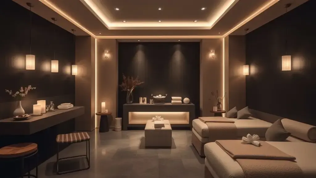 Luxury spa treatment room with warm lighting, massage beds, aromatherapy candles, and relaxing ambience at Orange Spa Dubai.