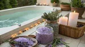 Herbal bath with natural oils, herbs, and spa relaxation setup in Dubai